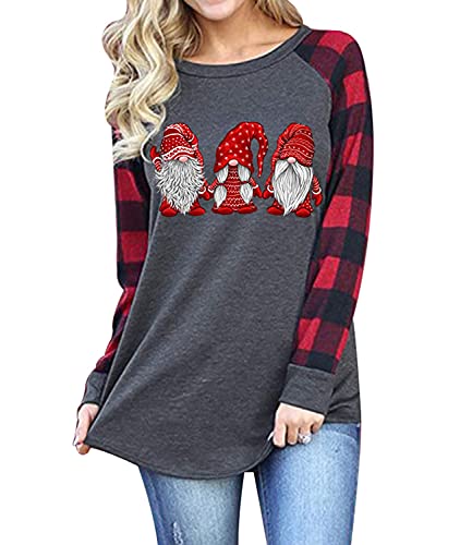 BLANCHES Christmas Gnome Shirts Women Plaid Splicing Tshirt Holiday Baseball Tops | Women's Sweaters