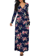 LILBETTER Women Long Sleeve Deep V Neck Loose Plain Long Maxi Casual Dress - - Medium | Women's Casual Dresses