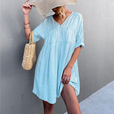 Women V-Neck Short Sleeve Dresses Solid Color Casual Loose Fit Tunic Mini Dress with Pockets | Original Brand