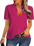Rose Red Short Sleeve Womens Casual Button Down Shirts V Neck Chiffon Long Sleeve Collared Office Work Blouses Tops with Pocket - AISEW | Women's Tops and Blouses