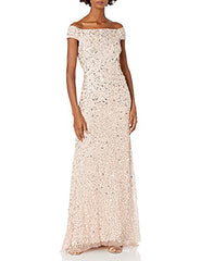 Adrianna Papell Women's Off The Shoulder Sequin Beaded Gown