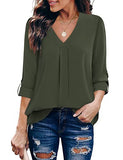 Army Green Womens 3/4 Cuffed Sleeve Chiffon Printed V Neck Casual Blouse Shirt Tops - Youtalia | Women's Tops and Blouses