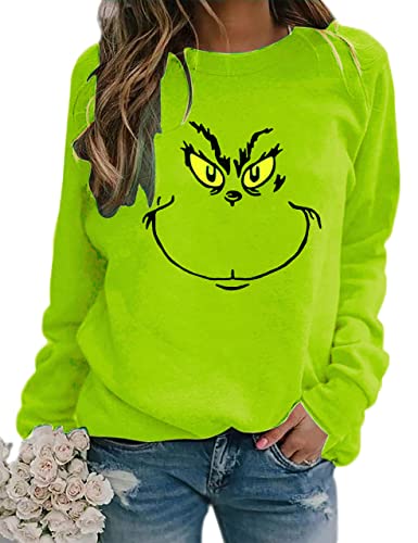 OIPUNSHLE Women's Y2K Funny Green Stole Cartoon Graphic Sweatshirts Merry Christmas Raglan Sleeve Pullover Shirts Tops