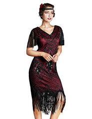 Women's Flapper Dresses 1920s Sequins Art Deco Gatsby Cocktail Dress With Sleeve