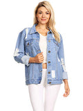 Anna-Kaci Women Long Sleeve Oversize Denim Jacket Ripped Distressed Boyfriend Jean Coat