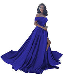 Off Shoulder Satin Prom Dress Ball Gown Wedding Dress Long Split Formal Evening Gowns with Pockets