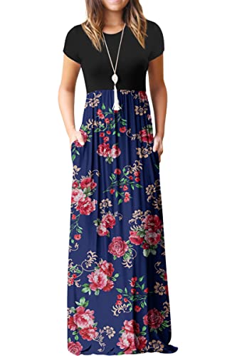 Rose Navy Blue Floral Maxi Dress Summer Casual Long Dresses for Laydies with Pockets - GRECERELLE