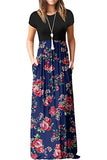 Rose Navy Blue Floral Maxi Dress Summer Casual Long Dresses for Laydies with Pockets - GRECERELLE | Women's Casual Dresses
