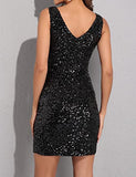 Women's Sexy Deep V Neck Sequin Glitter Bodycon Stretchy Mini Party Dress