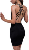 Women's Sexy Deep V Neck Backless Criss Cross Spaghtti Strap Club Bodycon Mini Dress