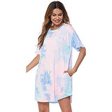 Women Tie Dye Dress Short Sleeve T Shirt Dress Floral Print Loose Mini Dress with Pockets