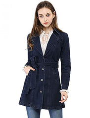 Allegra K Women's Notched Lapel Belted Trench Long Jean Denim Jacket