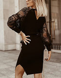Womens V Neck Lace Batwing Sleeve Wrap Sweater Dress Sexy Backless Pencil Knit Dresses With Belted Slit Bodycon | Women's Sweaters