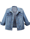 Omoone Women's 3/4 Sleeve Cropped Slim Distressed Denim Trucker Jacket Shrug Top