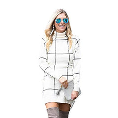 Women's Comfy Casual Long Sleeve Cream/Black/Grey Grid Turtleneck/Round Neck Knit Top Pullover Sweater/Sweater Dress