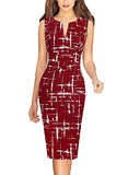 Dark Red And White Geometric Print Womens Front Zipper Slim Work Office Business Cocktail Party Pencil Dress Vfshow