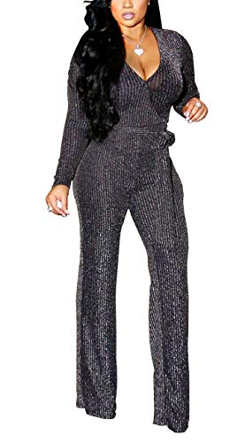 Women's Sexy Sparkly Jumpsuits Clubwear Long Sleeve Elegant Party Rompers High Waisted Wide Leg Pants