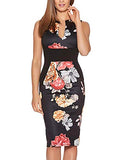Women's Sleeveless Deep V Neck Floral Print Cocktail Party Pencil Dress | Women's Work Dresses