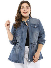 Agnes Orinda Women's Plus Size Stand Collar Zip Closure Drawstring Denim Jacket | Women's Coat & Jacket