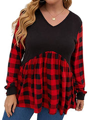 Blooming Jelly Women's Plus Size Tops Plaid Shirts V Neck Long Sleeve Tunic Tops Oversized Sweatshirt Swing Flowy Pullover