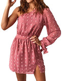 Women One Shoulder Long Sleeve Casual Dresses Cute Swiss Dot Soft High Side Split Flowy Short Mini Summer Dress | Original Brand