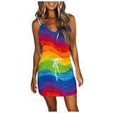 Summer Pocket Dresses for Women V Neck Stripe Mini Dress Spaghetti Strap Sleeveless Shirt Drawstring Sling Tank Dress | Original Brand