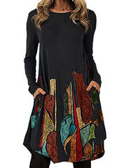 Akivide Womens Western Ethnic Boho Basics Dress Irregular Hem Casual Middle Length Long Sleeve Dresses for Women with Pocket