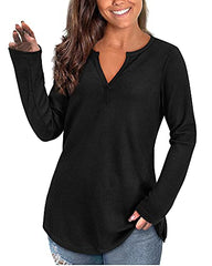 VOTEPRETTY Womens Long Sleeve Knit T-Shirts V Neck Tunic Tops Casual Loose Blouse