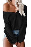 Womens Oversized Off The Shoulder Tops Long Sleeve Waffle Knit Shirt V Neck Pullover Sweater | Women's Sweaters