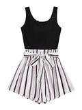 Black White Summer Sleeveless Striped Belted Tank Romper Short Jumpsuit - SOLY HUX | Women's Romper & Jumper Suit