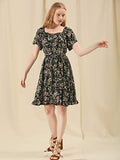 Women's Ruffle Floral Print Sweetheart Neckline Tie Chiffon Fit and Flare Short Sleeve Dress Puff Sleeve