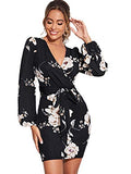 Floerns Women's Floral Print V Neck Bishop Long Sleeve Bodycon Wrap Mini Belted Dress | Women's Casual Dresses