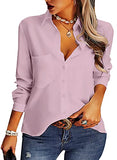 Pink Womens Casual Button Down Shirts V Neck Chiffon Long Sleeve Collared Office Work Blouses Tops with Pocket - AISEW | Women's Tops and Blouses
