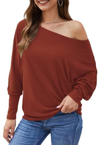 Womens Tops Dressy Casual,Plus Size Tops for Wome Sexy Off the Shoulder Tops Casual Long Sleeve Shirts Relaxed Fit Cold Shoulder Pullover Sweater (XL, Burnt Orange) | Women's Sweaters