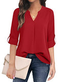 Red Women's Casual Chiffon V Neck 3/4 Sleeve Blouse Tops - Timeson | Women's Tops and Blouses