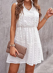 Women Summer V Neck Sleeveless Mini Dresses Casual Swiss Dot Loose Dress