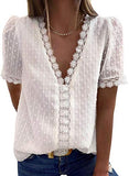 Womens Summer Lace Tops Short Sleeve V Neck Polka Dot Blouses Shirts | Women's Tops and Blouses
