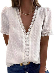 Womens Summer Lace Tops Short Sleeve V Neck Polka Dot Blouses Shirts