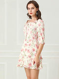 Women's Floral Print Bow Tie Neck 3/4 Sleeve Layered Mini Dress | Original Brand