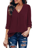 Dark Red Womens 3/4 Cuffed Sleeve Chiffon Printed V Neck Casual Blouse Shirt Tops - Youtalia | Women's Tops and Blouses