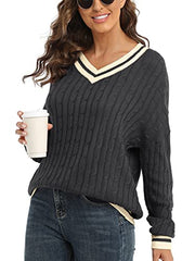 VIISHOW Women's Casual Winter V Neck Long Sleeve Cable Knitted Color Block Chunky Sweater Pullover Sweater