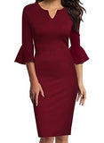 Womens Flounce Bell Sleeve Office Work Casual Pencil Dress | Women's Work Dresses