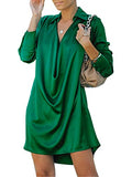 Women's Satin Collar V Neck Drape Ruched Front Flowy Long Sleeve Short Mini Dress