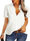 White Short Sleeve Womens Casual Button Down Shirts V Neck Chiffon Long Sleeve Collared Office Work Blouses Tops with Pocket - AISEW | Women's Tops and Blouses
