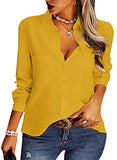Yellow Sleeve Womens Casual Button Down Shirts V Neck Chiffon Long Sleeve Collared Office Work Blouses Tops with Pocket - AISEW | Women's Tops and Blouses