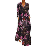 Women Dresses Sale, Casual Oversize V-Neck Flower Print Long Sleeve Loose Dress Plus Size Party Dresses Cocktail Evening Gowns UK Size Indian Beautiful | Original Brand | Women's Work Dresses