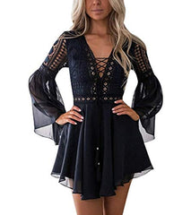 Lace Dresses For Women Crochet High Waisted Solid Color Elegent Dress Deep V Neck Ruffle Long Sleeve Mini Dress