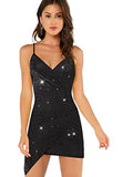 Women's Glitter V Neck Sleeveless Asymmetrical Wrap Bodycon Cami Dress