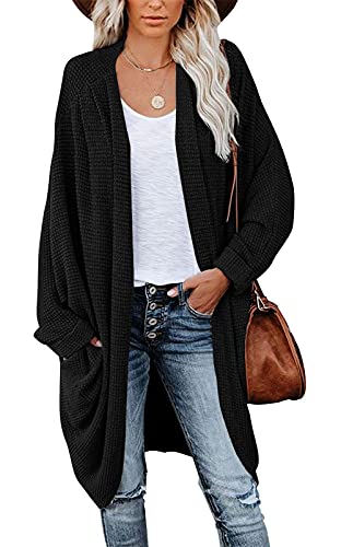 Women's Waffle Knit Batwing Long Sleeve Cardigan Loose Open Front Sweater Coat