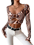 Women's Marble Print Cut Out Front Long Sleeve Crop Top Tee Shirt | Original Brand | Women's Tops and Blouses